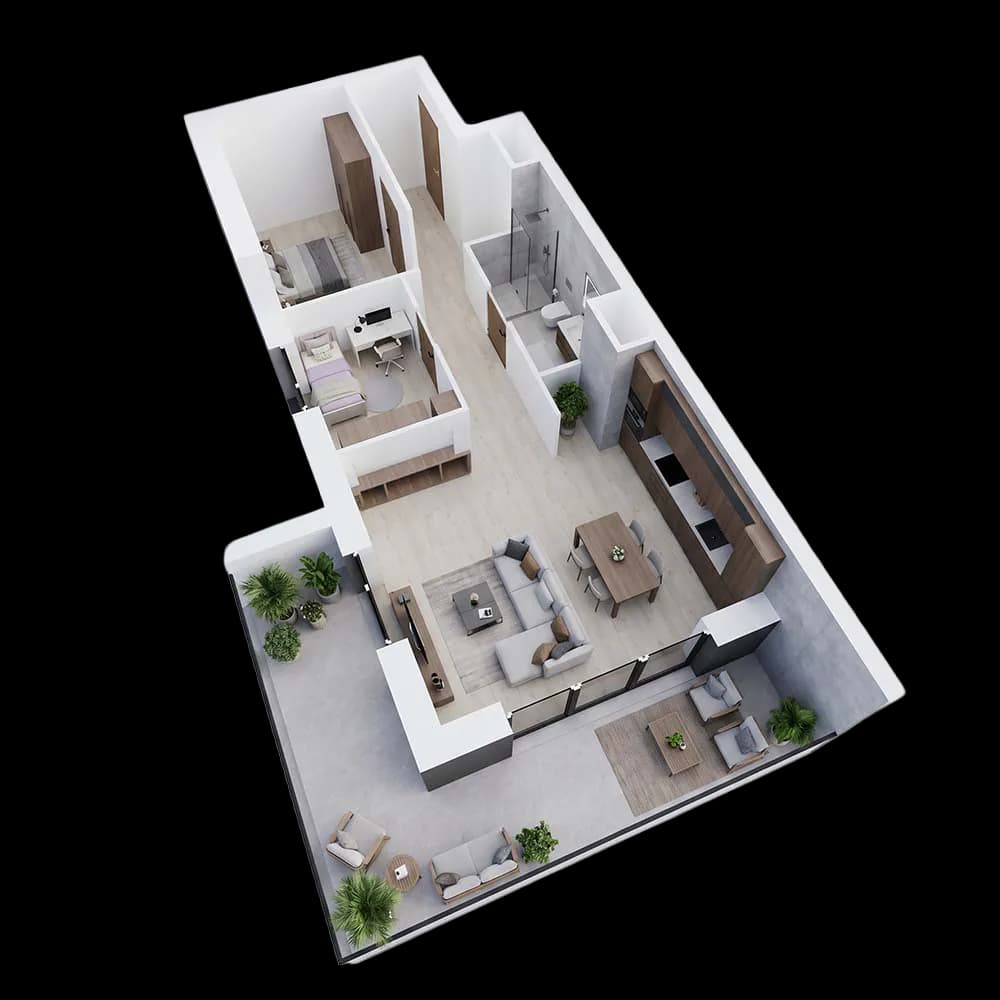 Wizualizacja 3D układu mieszkania 48 m²